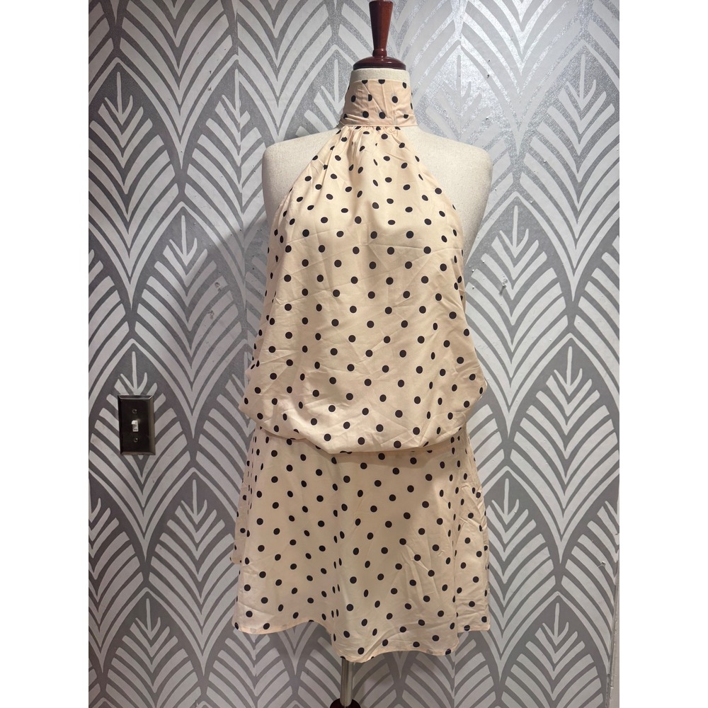 Polka Dot Natalea halter Mini Dress Romper Backless Tie Neck Peach Brown 10 - Picture 2 of 7